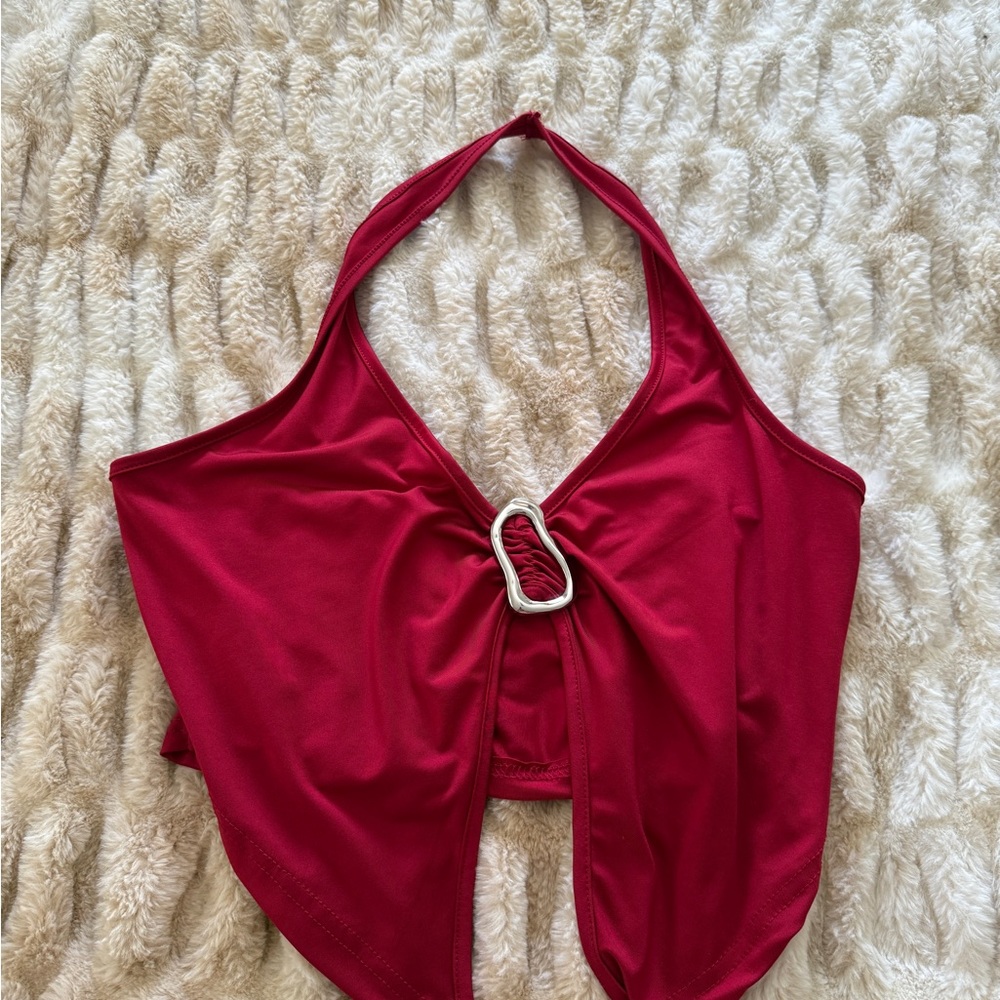 SHEIN Red Halter Top with White Buckle